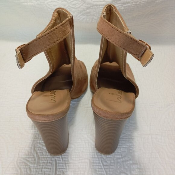 Lulus Sandals Block Heel Suede Peep-Toe With Adjustable StrapTan - Picture 8 of 10